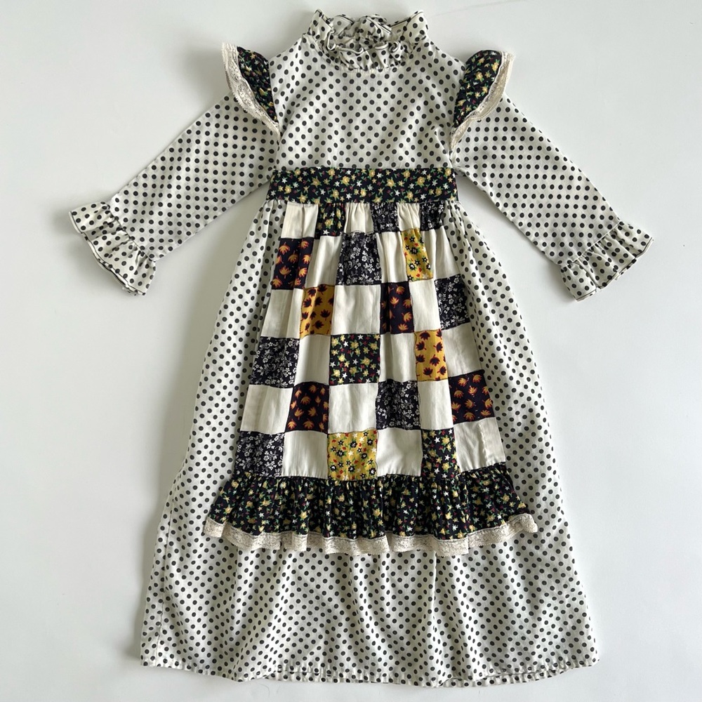 Vintage apron front ruffle sleeve 1970s maxi dress little girl 4T